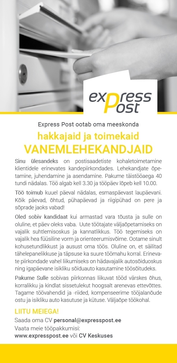 Express Post AS Vanemlehekandjaid Kesklinna, Kristiine ja Põhja-Tallinna piirkondadesse