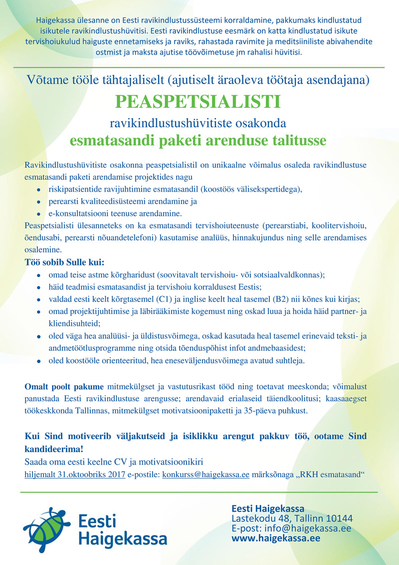 Eesti Haigekassa Esmatasandi paketi arenduse peaspetsialist