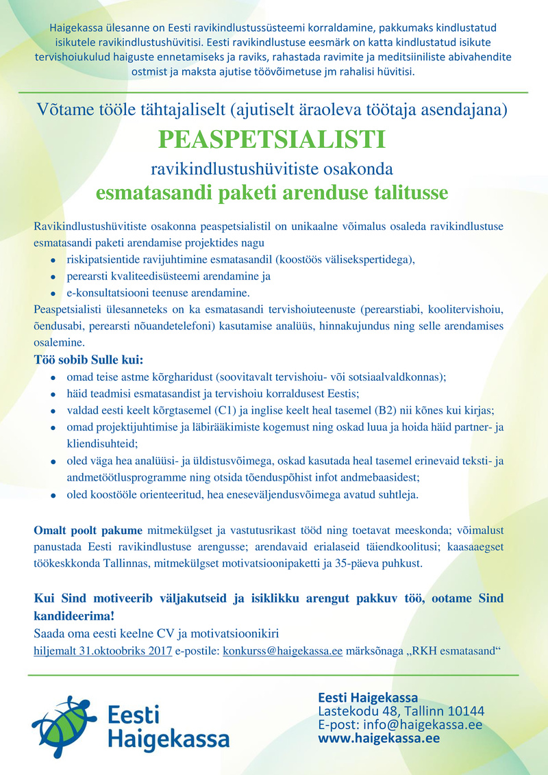 Eesti Haigekassa Esmatasandi paketi arenduse peaspetsialist