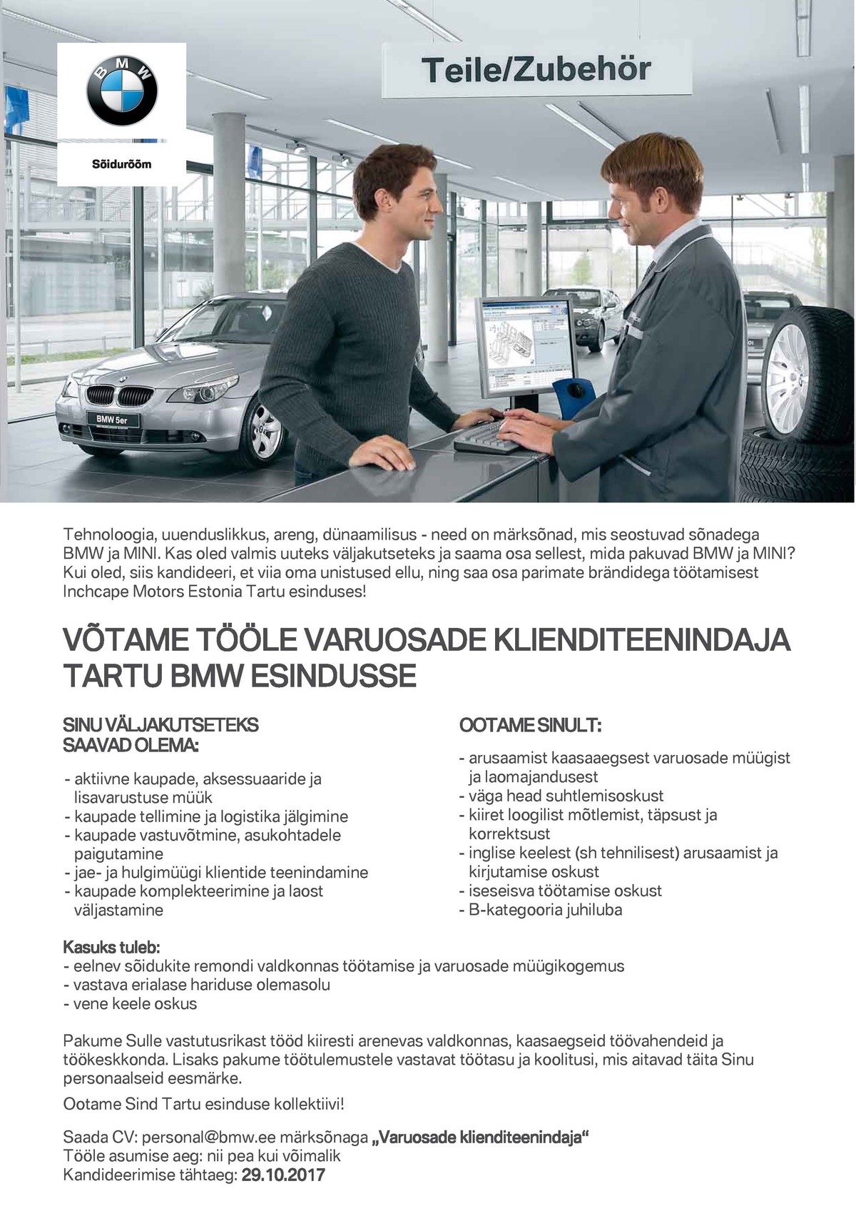 Inchcape Motors Estonia OÜ Varuosade klienditeenindaja Tartu BMW esinduses
