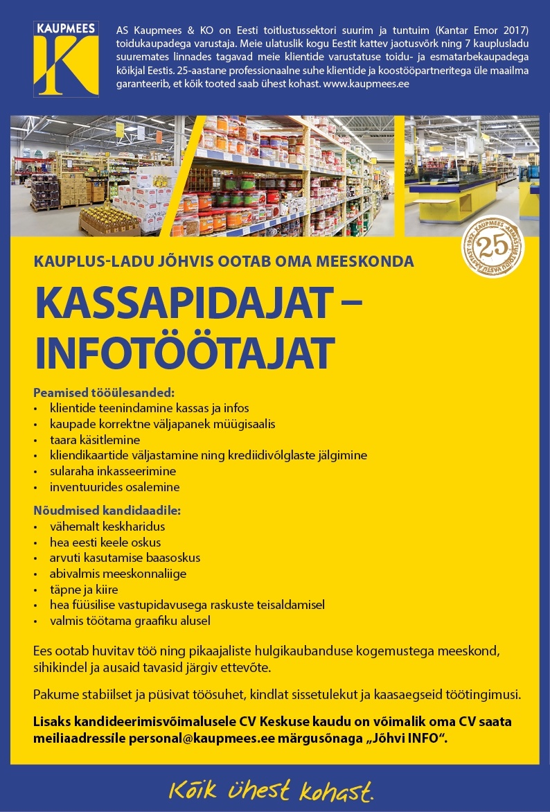 Kaupmees & Ko AS Kassapidaja-infotöötaja Jõhvi
