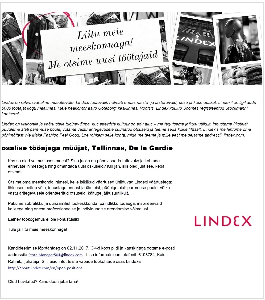 LINDEX EESTI OÜ Osalise tööajaga müüjat, Tallinnas, De la Gardie
