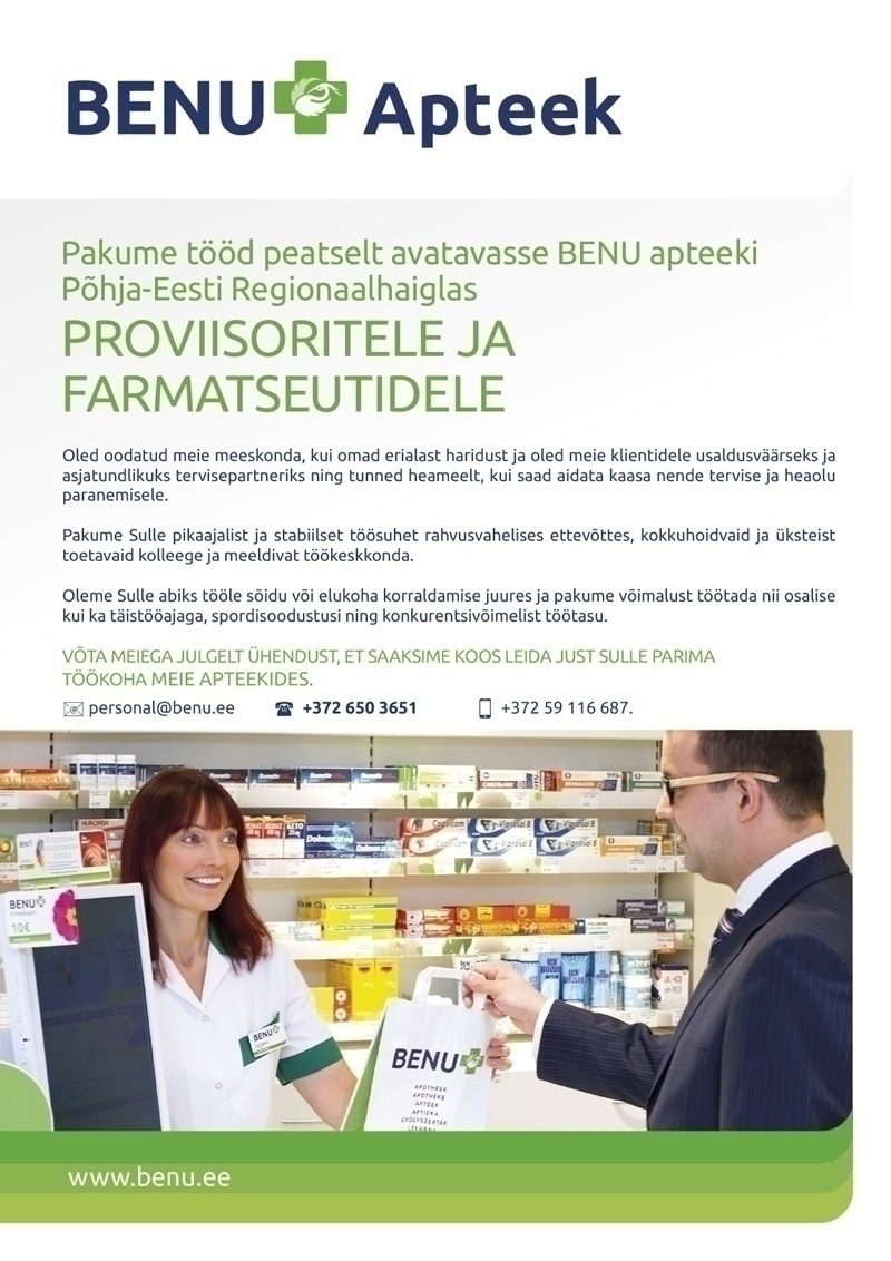 BENU Apteek Eesti OÜ Proviisor või farmatseut Põhja-Eesti Regionaalhaigla apteegis