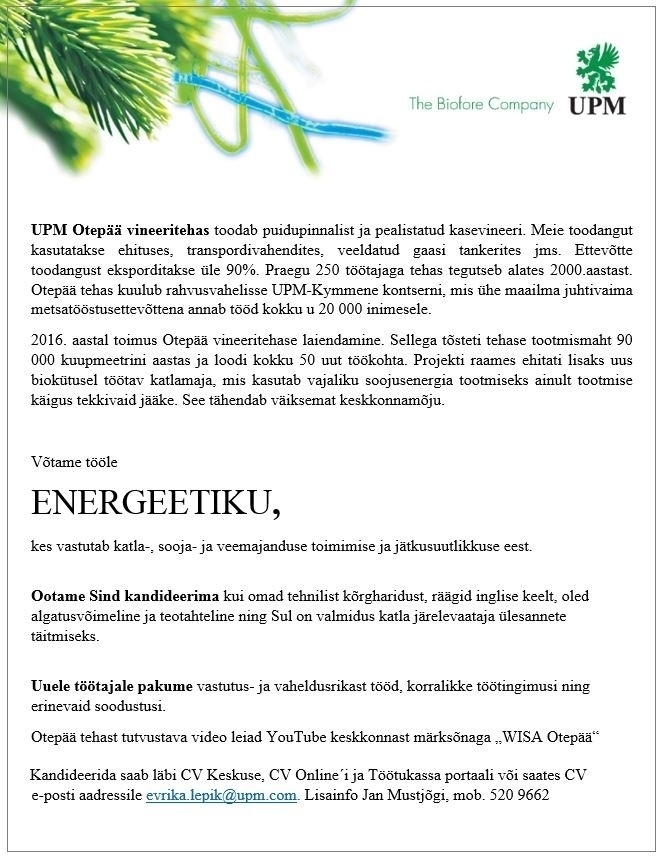 UPM-Kymmene Otepää AS Energeetik