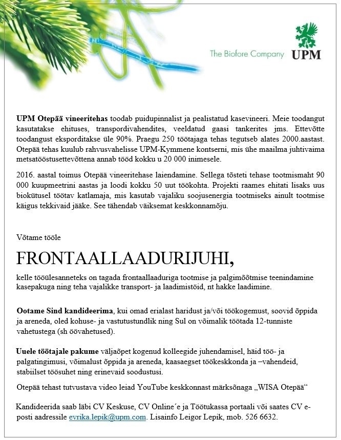 UPM-Kymmene Otepää AS Frontaallaadurijuht