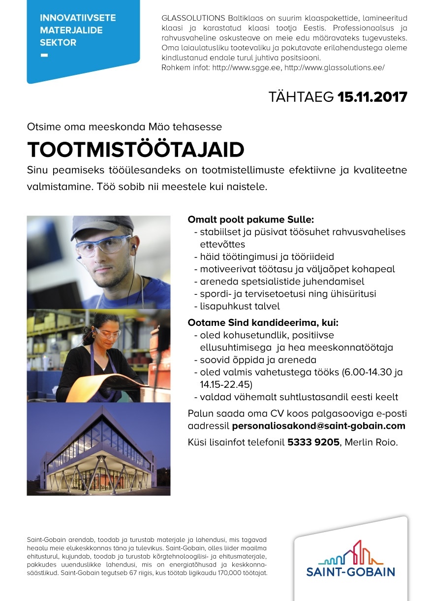 SAINT-GOBAIN GLASS ESTONIA SE Tootmistöötaja (Mäos)