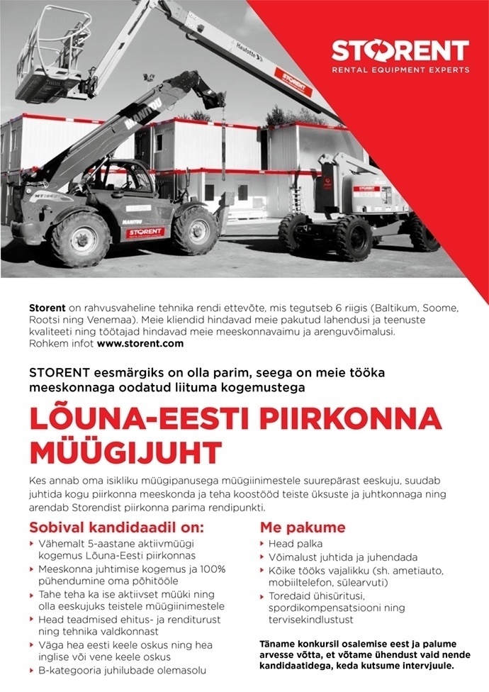 Storent OÜ Lõuna-Eesti piirkonna müügijuht