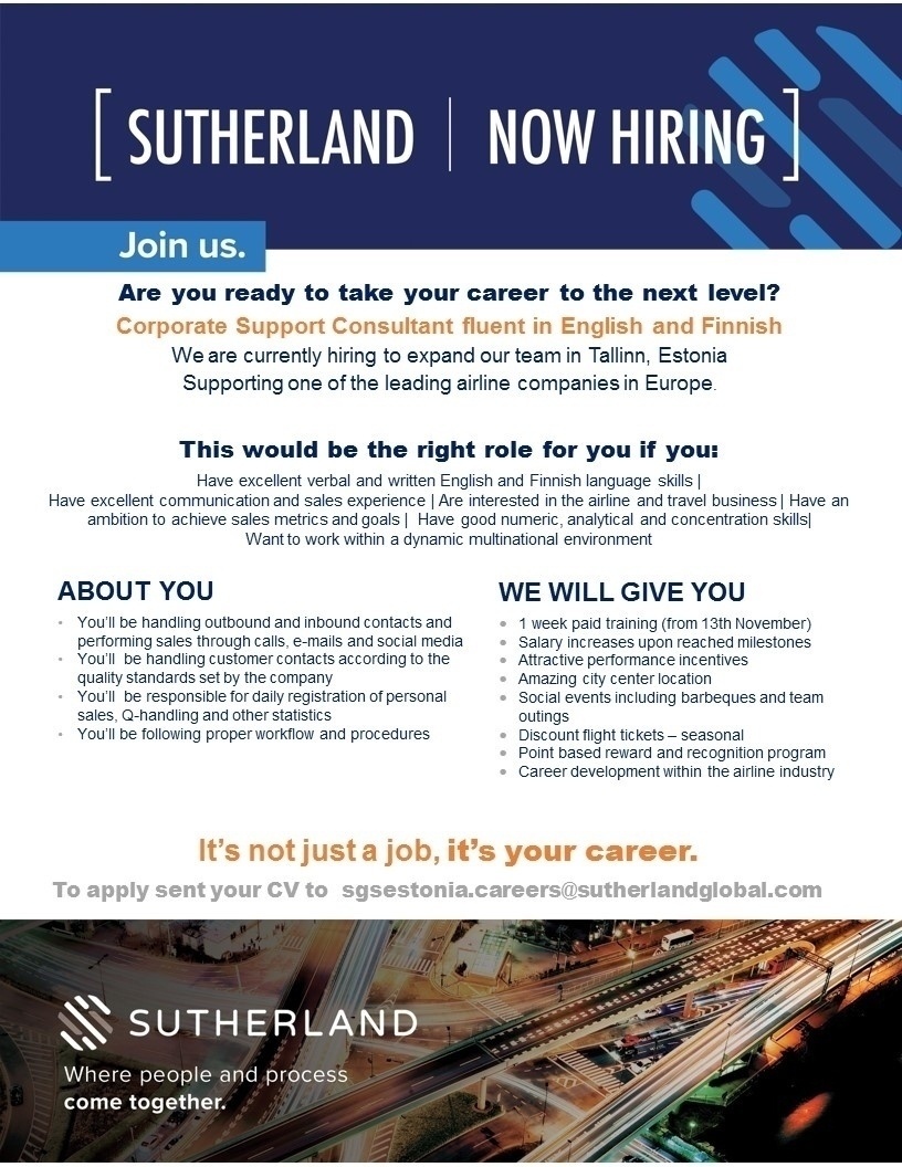 Sutherland Global Services OÜ Corporate Support Consultant fluent in English and Finnish