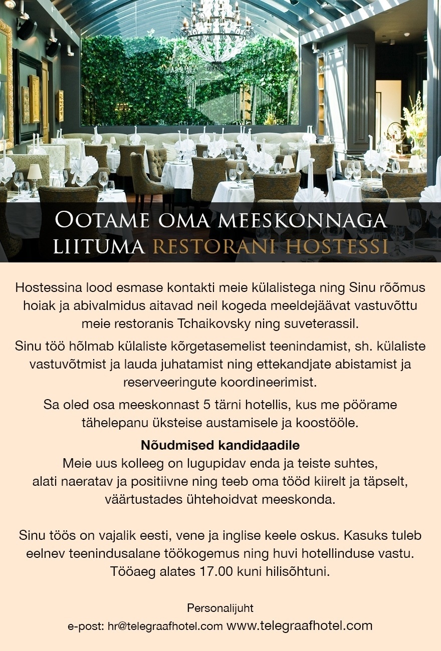 Hotell Telegraaf OÜ Restorani hostess