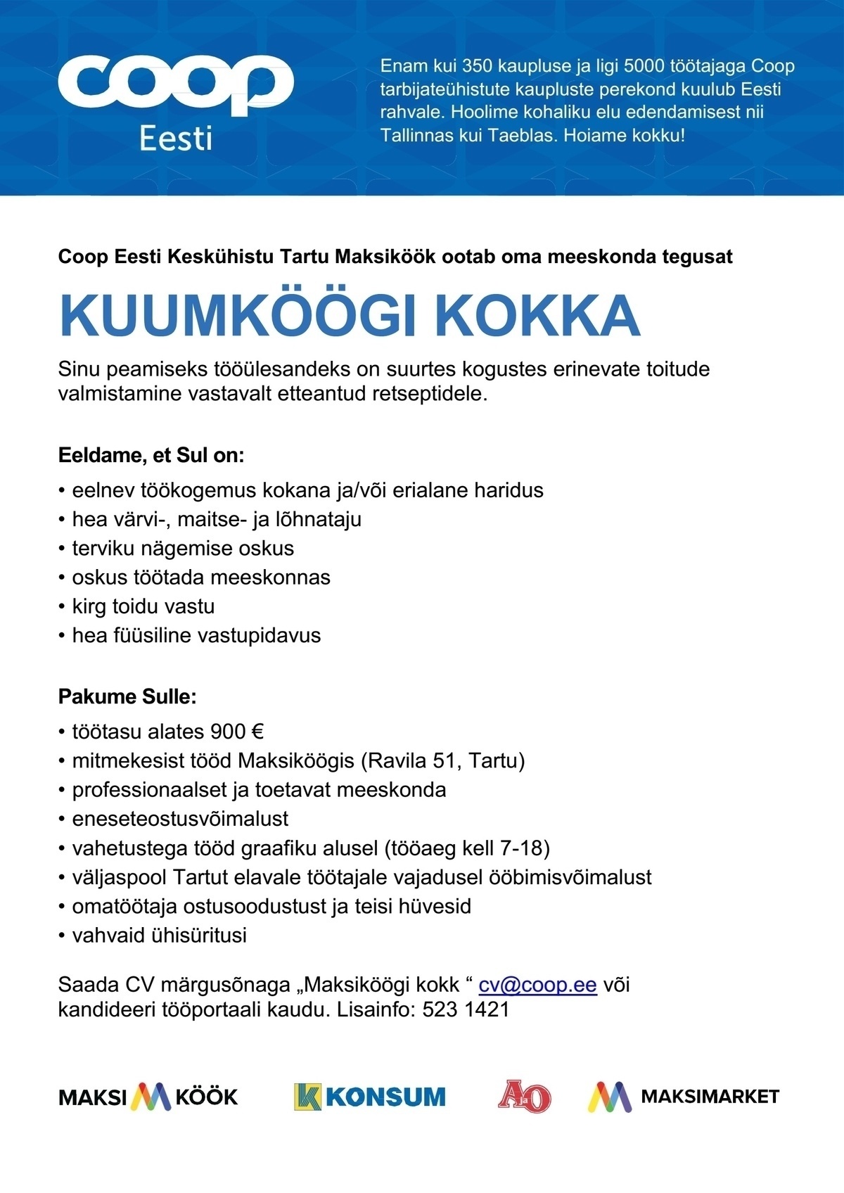 Coop Eesti Keskühistu Kuumköögi kokk (Maksiköök)