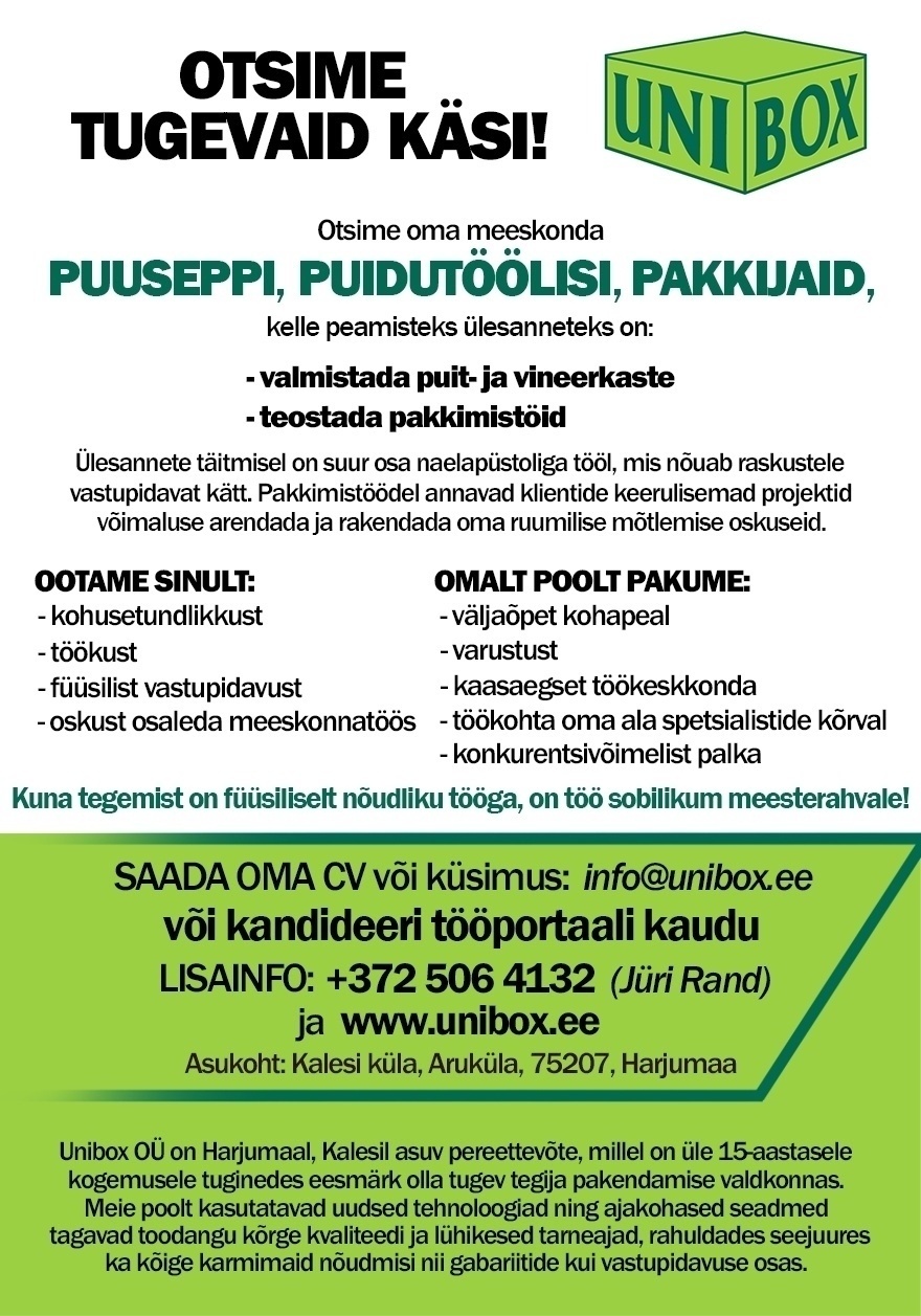 UNIBOX OÜ Puusepp/puidutööline/pakkija