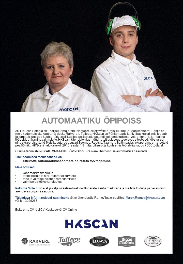 HKScan Estonia AS Automaatiku õpipoiss