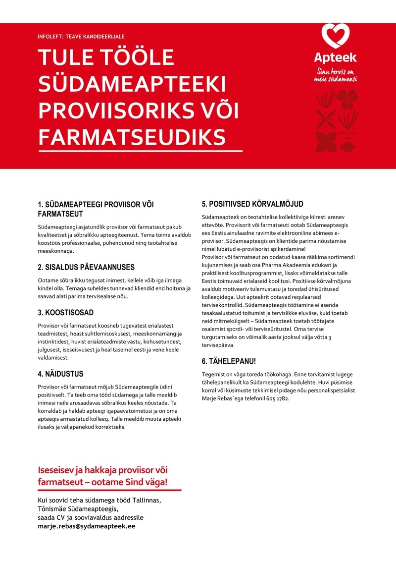 Pharma Holding OÜ Farmatseut või proviisor Tallinnas, Tõnismäe Südameapteegis