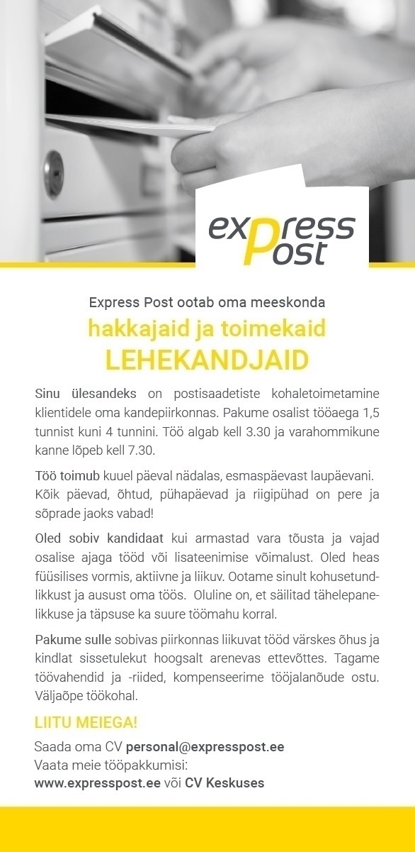 Express Post AS Jalgsi lehekandja Kristiines Spordi, Kotka ja Endla tn. ümbruses