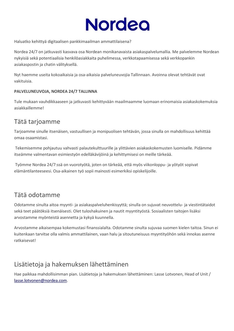 CVKeskus.ee client PALVELUNEUVOJA, NORDEA 24/7 Tallinna