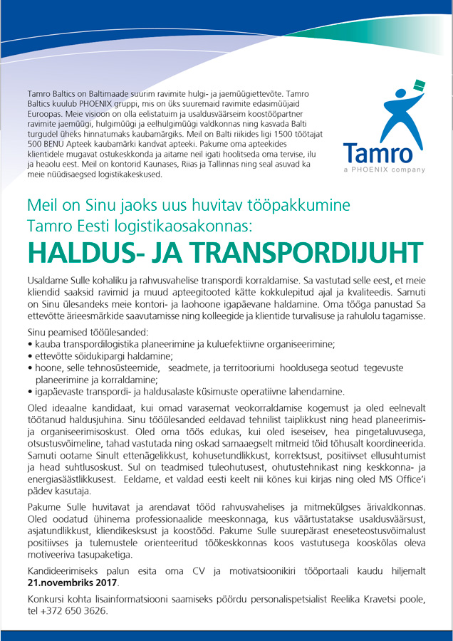 Tamro Eesti OÜ Haldus- ja transpordijuht 2017-11