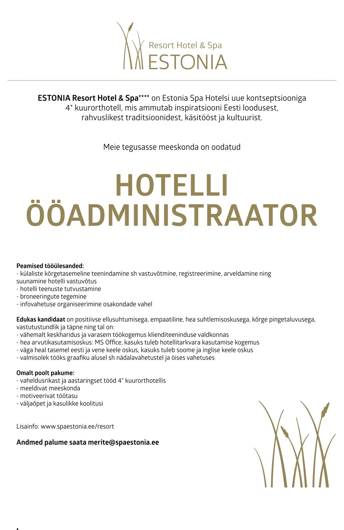 Estonia Spa Hotels AS Ööadministraator