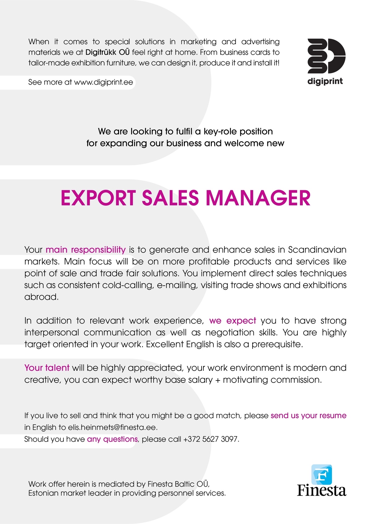 Finesta Baltic OÜ EXPORT SALES MANAGER