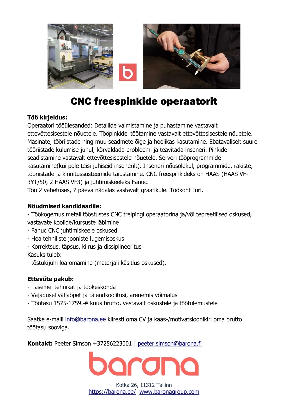 Barona Eesti OÜ CNC freespingi operaator 