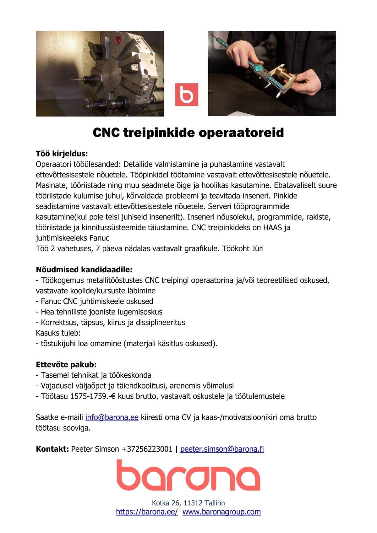 Barona Eesti OÜ CNC treipingi operaator 