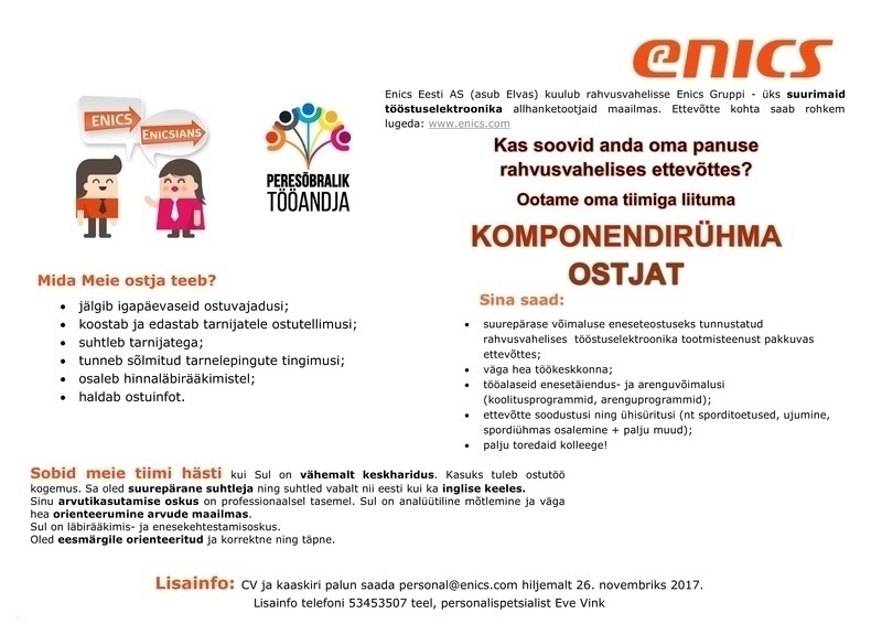 Enics Eesti AS Komponendirühma ostja (elektroonikatööstus)