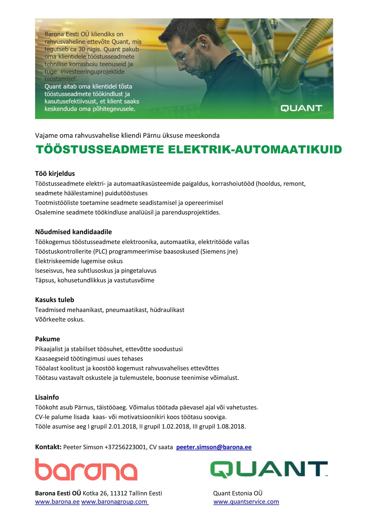 Barona Eesti OÜ Tööstusseadmete elektrik-automaatikuid Pärnusse