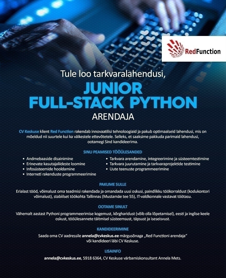 CV KESKUS OÜ Junior full-stack Python arendaja (Red Function)