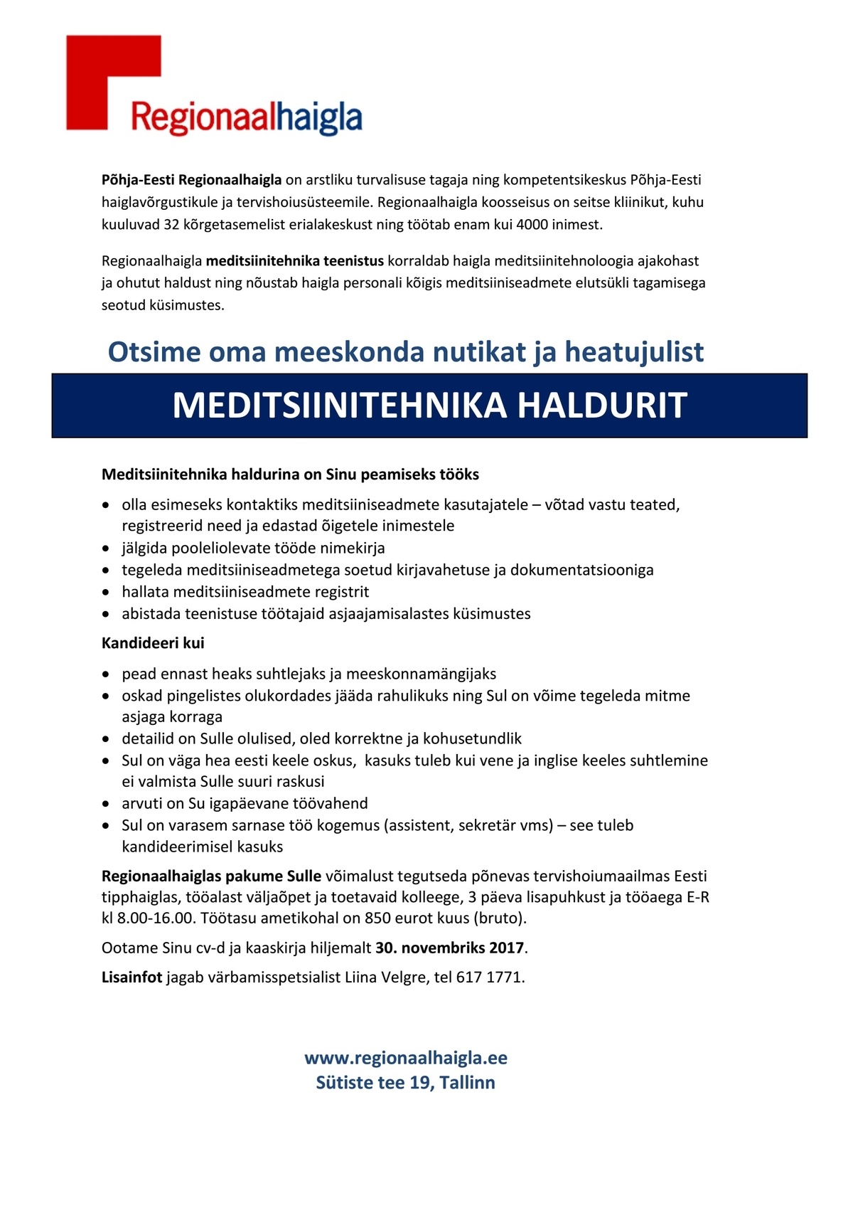Põhja-Eesti Regionaalhaigla SA Meditsiinitehnika haldur