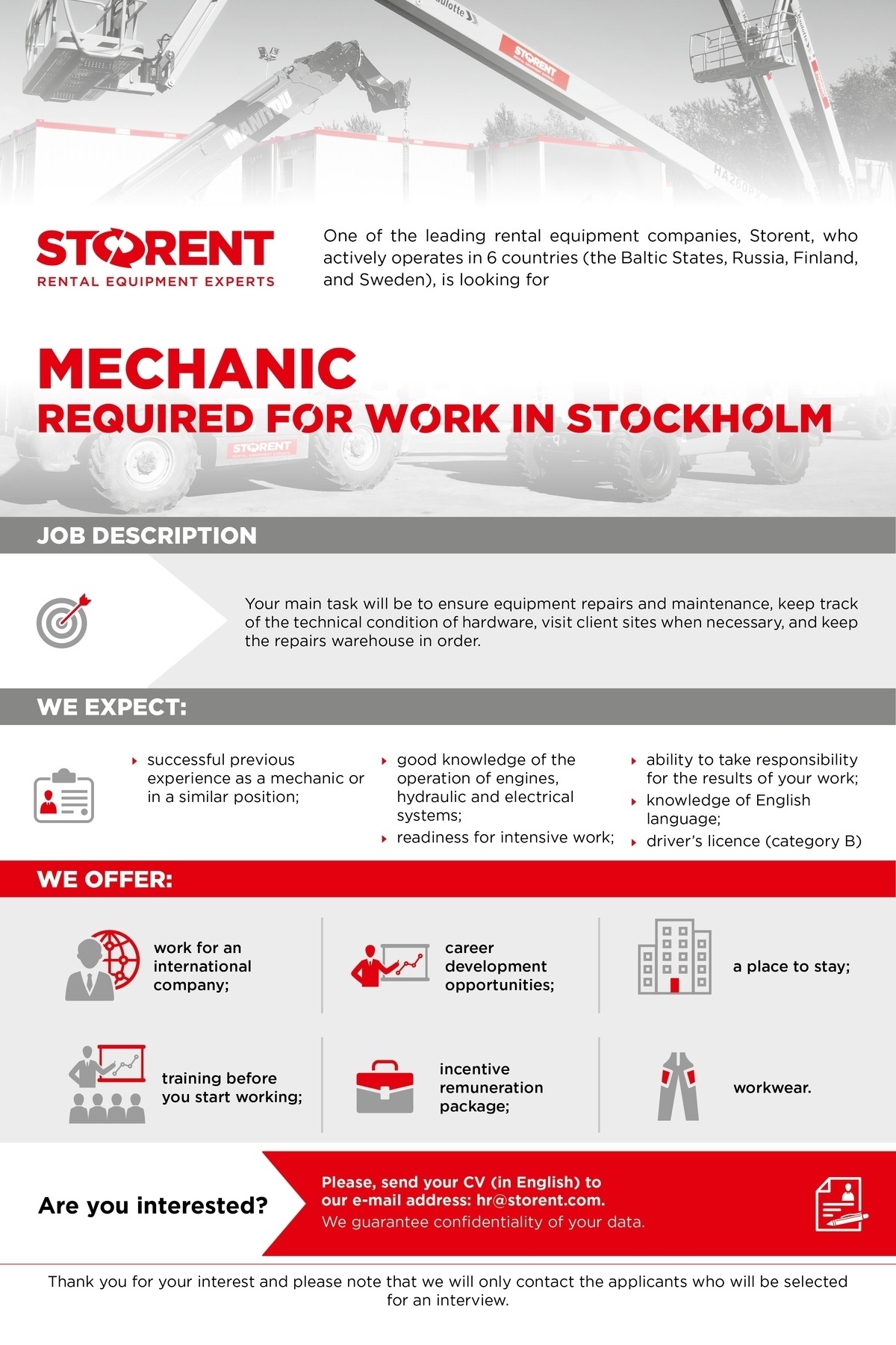 Storent OÜ Mechanic for work in Stockholm