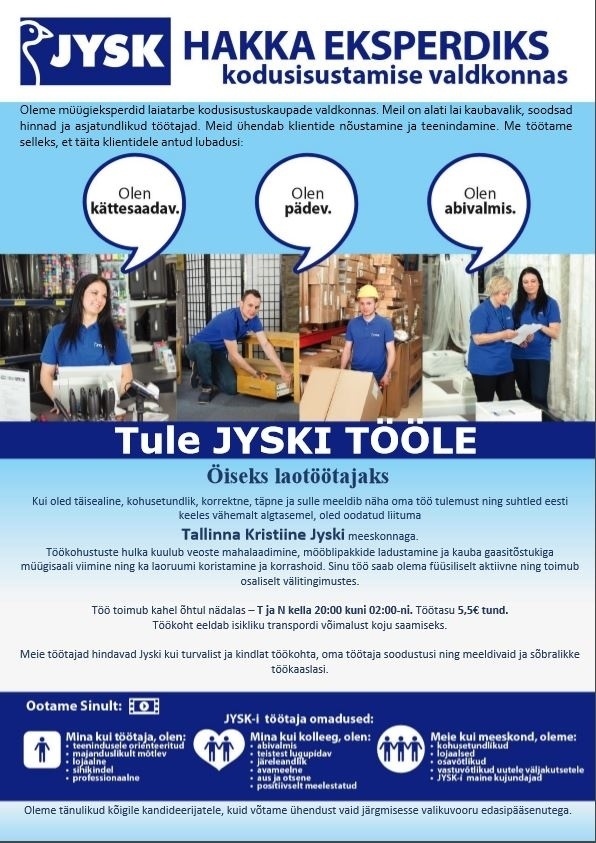 Jysk Linnen'n Furniture OÜ Öine laotöötaja Kristiine Jyski