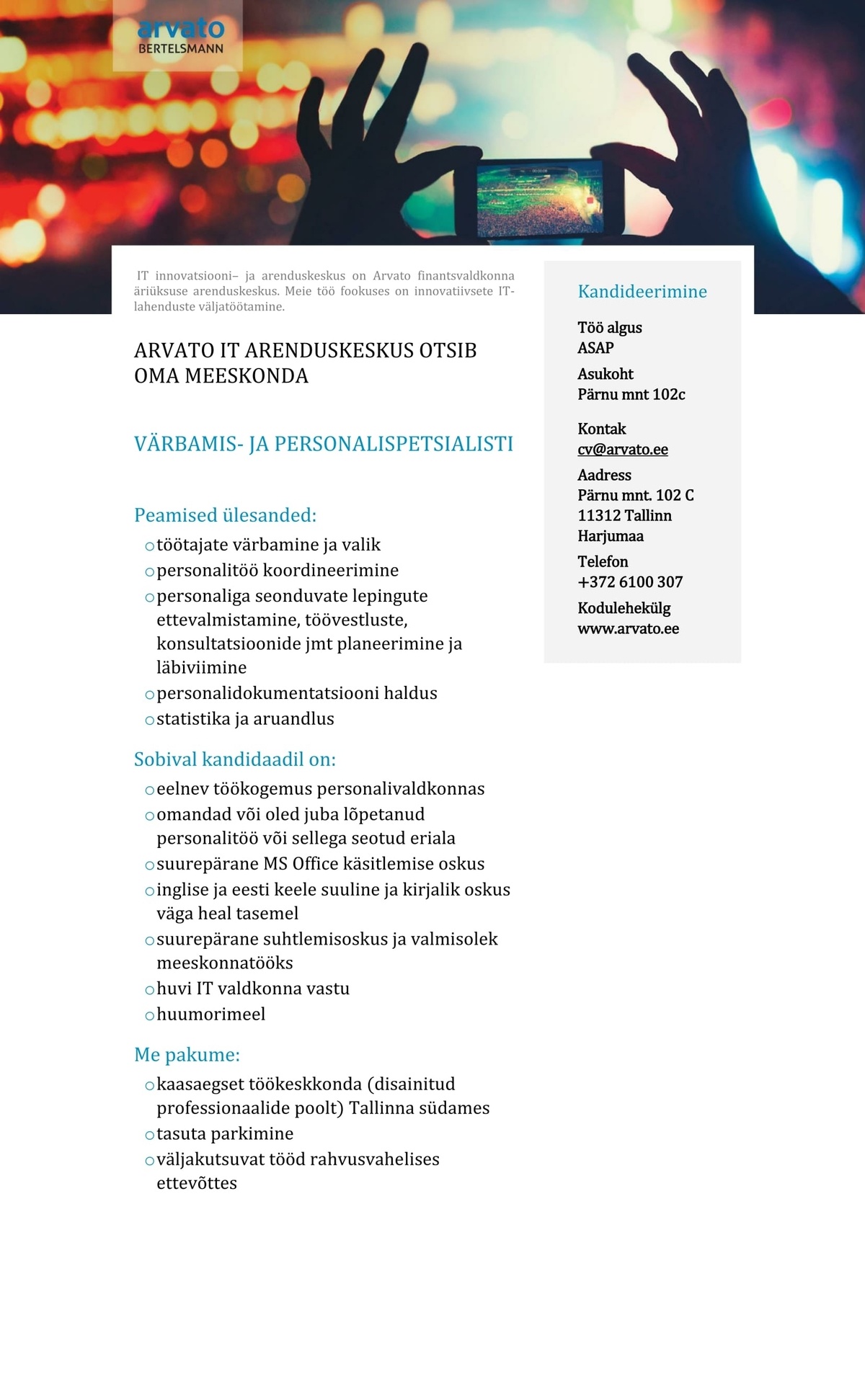 Arvato Services Estonia OÜ VÄRBAMIS- JA PERSONALISPETSIALIST 