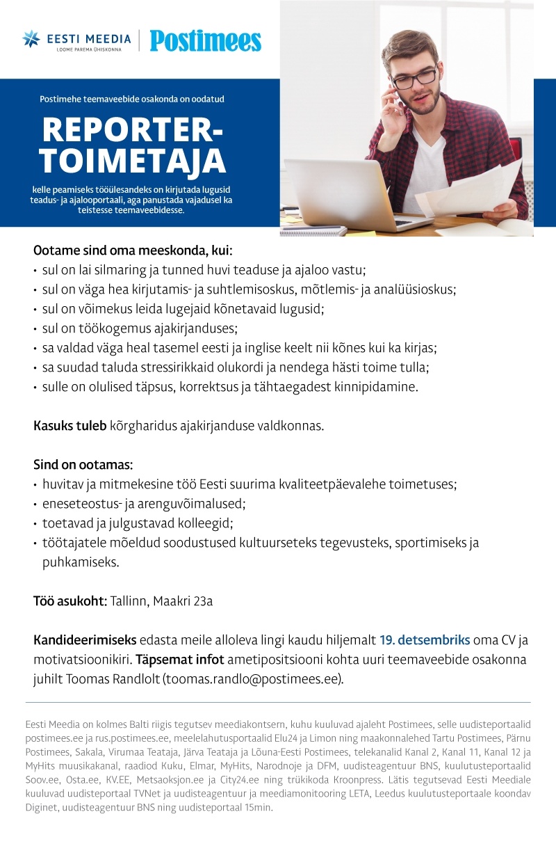 Eesti Meedia AS Postimehe teemaveebide reporter-toimetaja