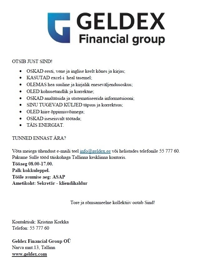 GELDEX FINANCIAL GROUP OÜ Sekretär - Kliendihaldur