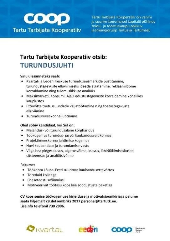 Tartu Tarbijate Kooperatiiv TÜH Turundusjuht