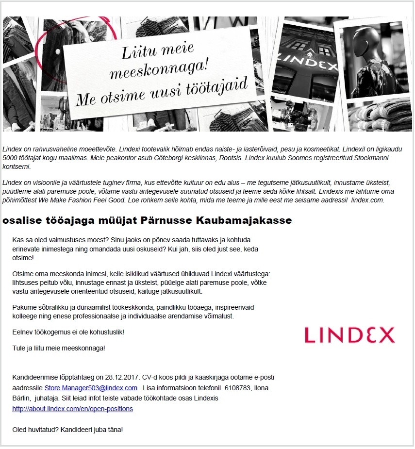 LINDEX EESTI OÜ Osalise tööajaga müüjat Pärnu Kaubamajakasse
