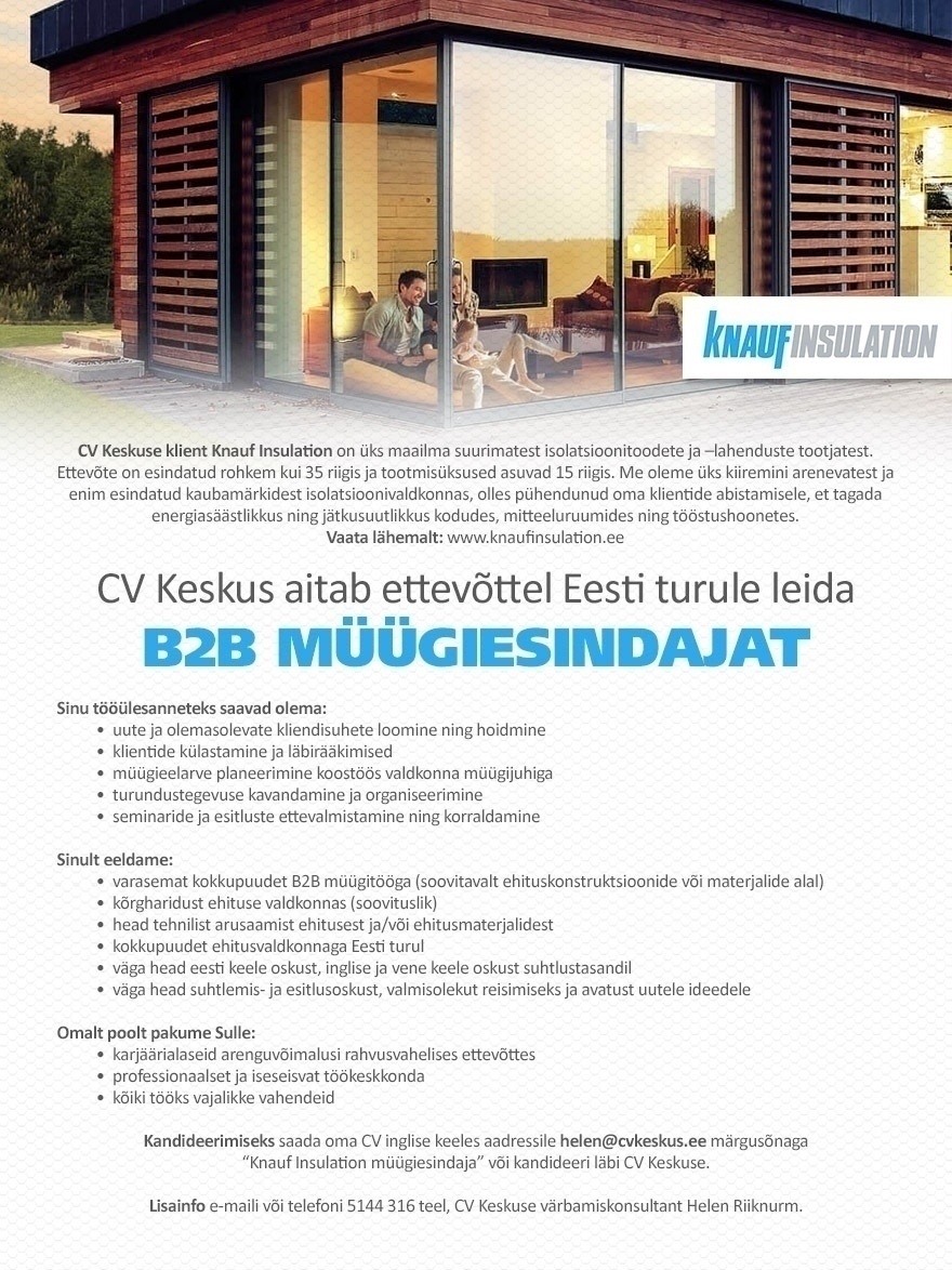 CV KESKUS OÜ B2B müügiesindaja (Knauf Insulation)