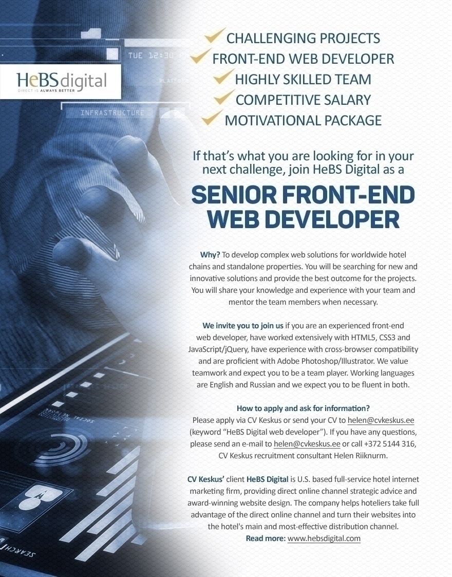 CV KESKUS OÜ HeBS Digital OÜ is looking for a senior front-end web developer 