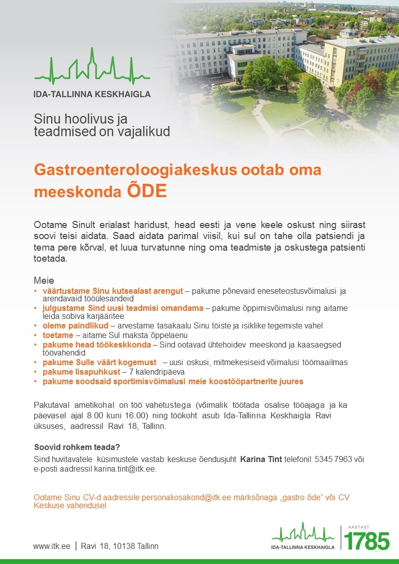 Ida-Tallinna Keskhaigla AS Õde gastroenteroloogiakeskusse
