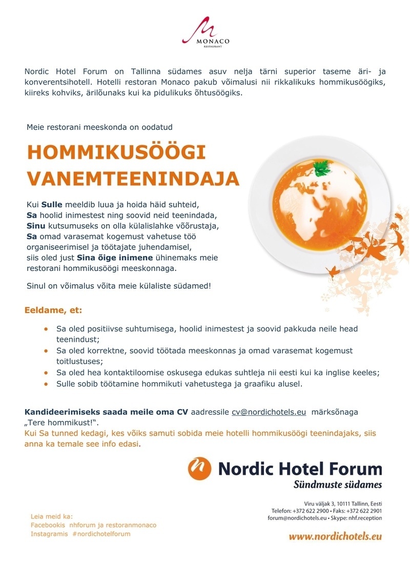 Nordic Hotels OÜ HOMMIKUSÖÖGI VANEMTEENINDAJA