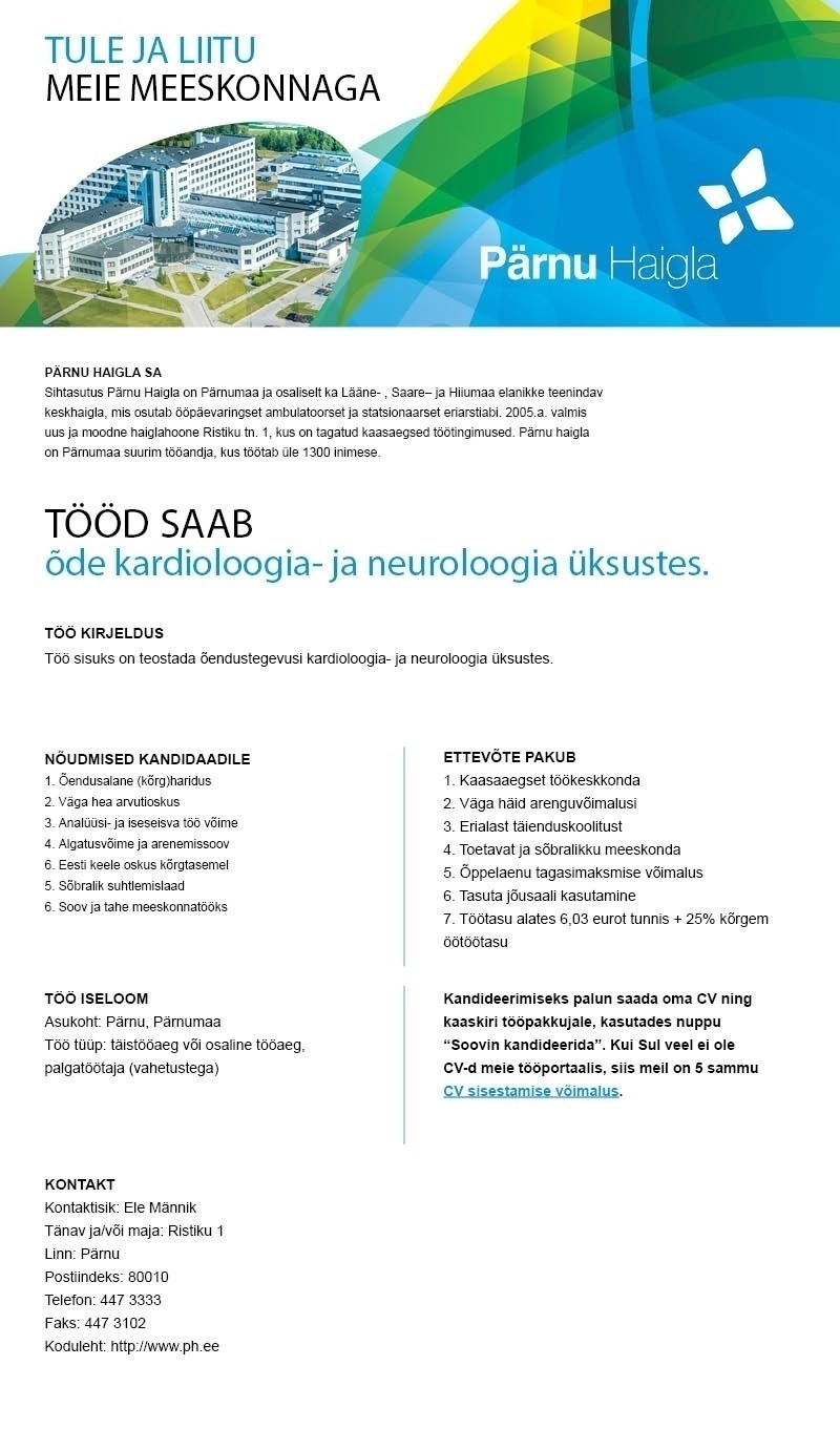 Pärnu Haigla SA Õde kardioloogia-neuroloogiaüksusesse