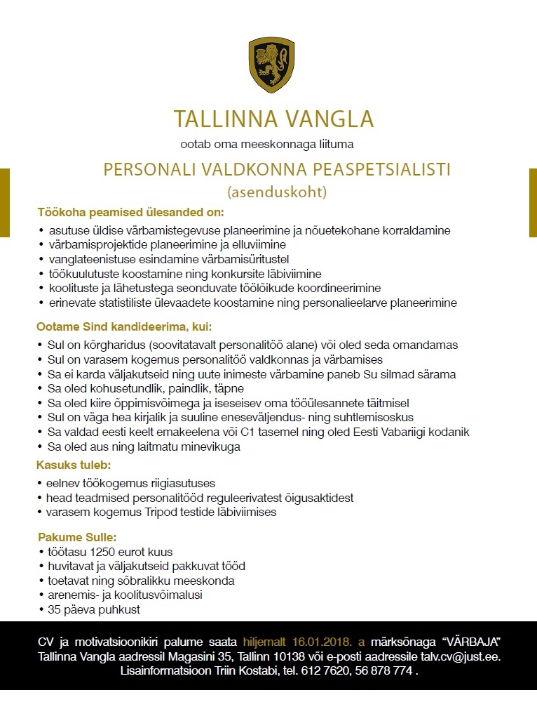 Tallinna Vangla Personali valdkonna peaspetsialist (asenduskoht)