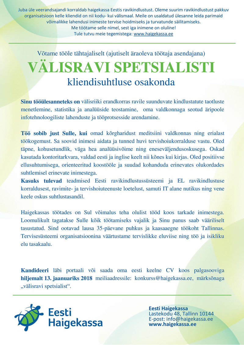 Eesti Haigekassa VÄLISRAVI SPETSIALIST