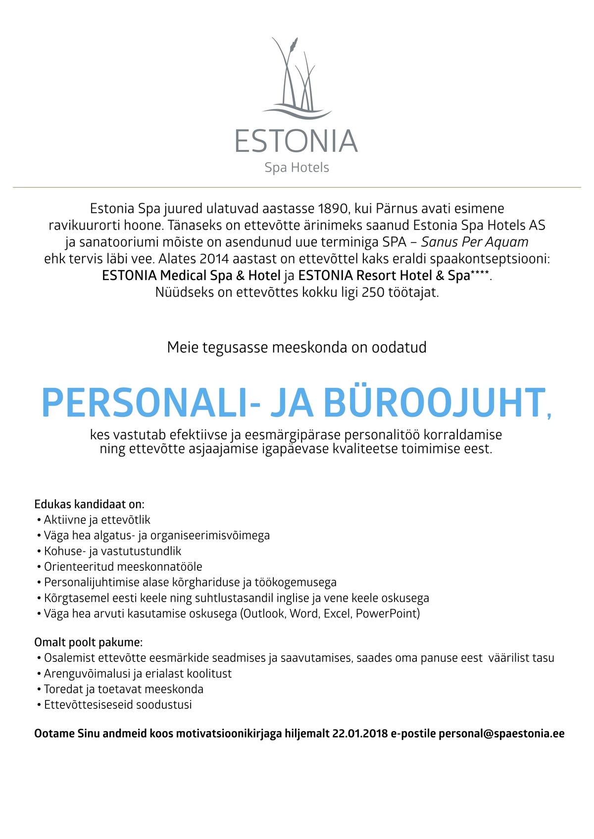 Estonia Spa Hotels AS PERSONALI- JA BÜROOJUHT
