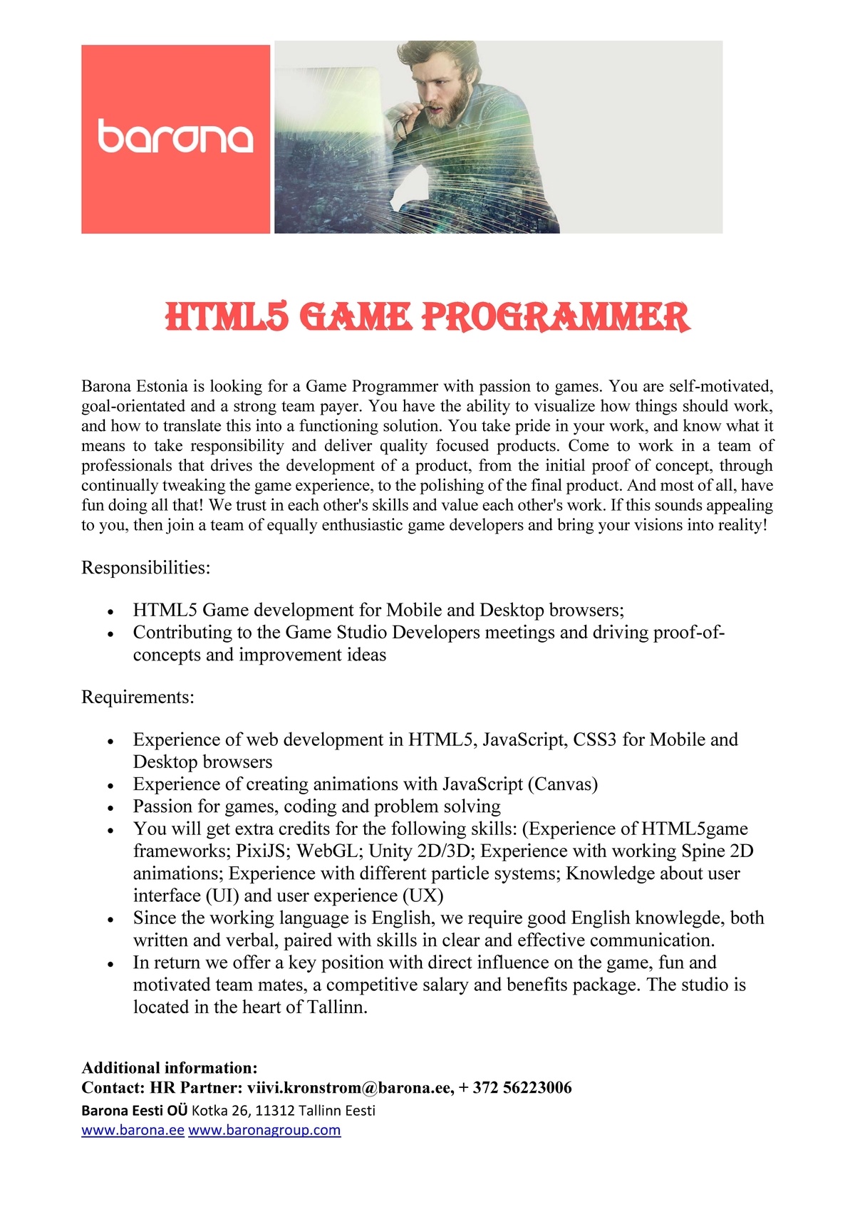 Barona Eesti OÜ HTML5 game programmer 