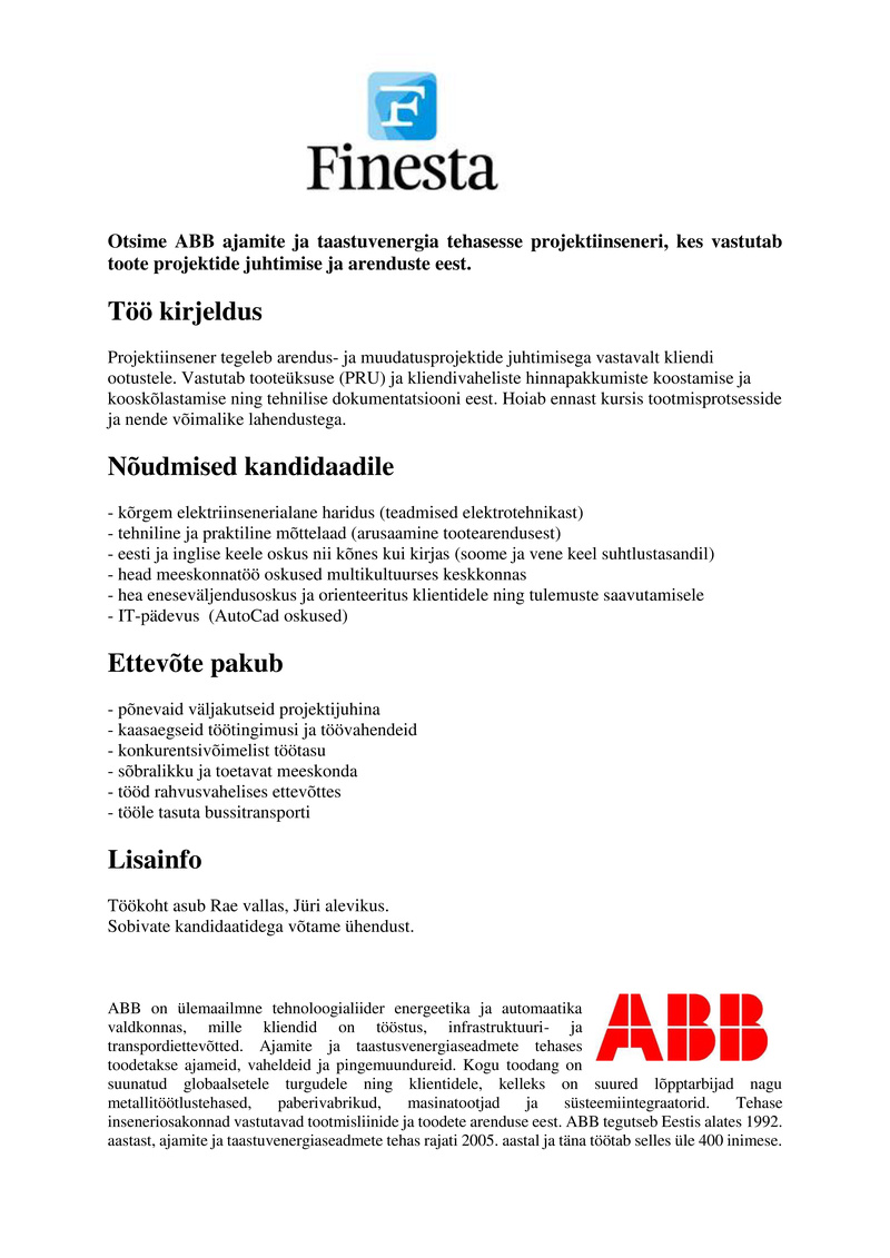 Finesta Baltic OÜ Projektiinsener ABB AS