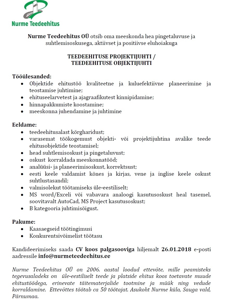 NURME TEEDEEHITUS OÜ Projektijuht/objektijuht