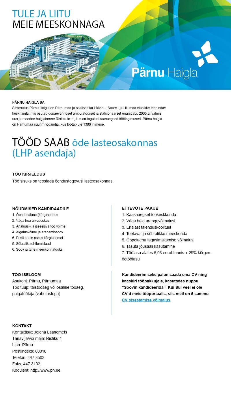 Pärnu Haigla SA Õde lasteosakonda (LHP asendaja)