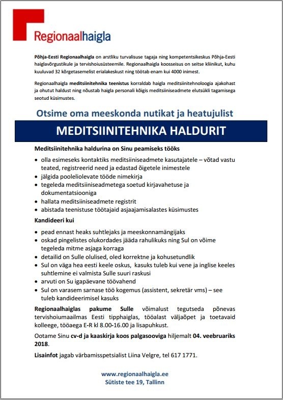 Põhja-Eesti Regionaalhaigla SA Meditsiinitehnika haldur