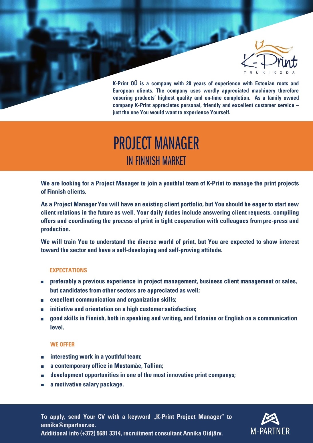 M-Partner HR OÜ Project Manager in Finnish Market