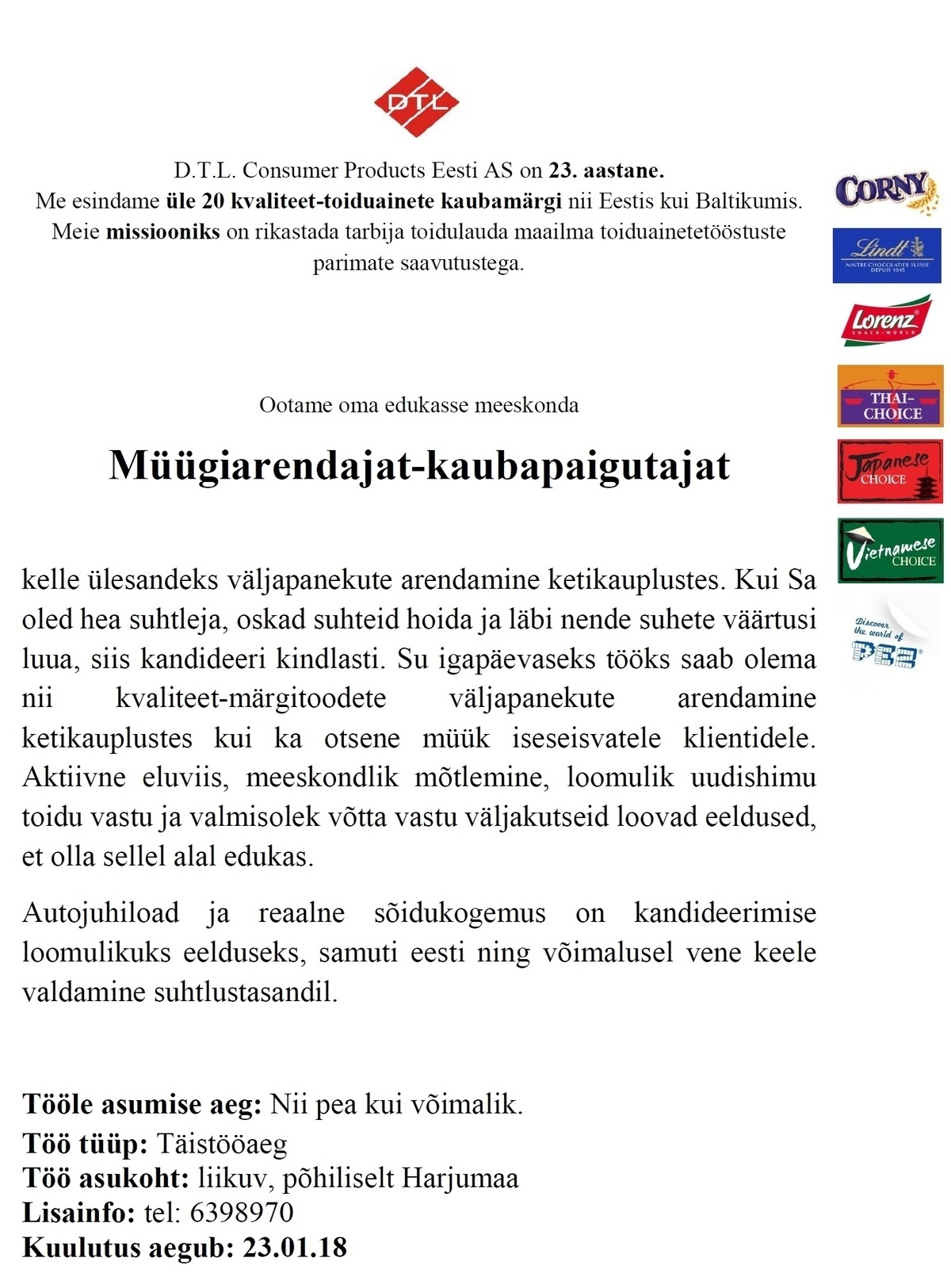 D.T.L. Consumer Products Eesti AS Müügiarendaja-kaubapaigutaja